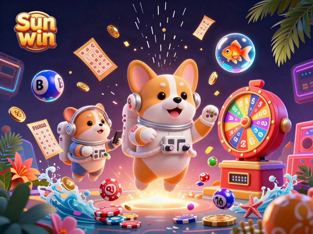 Experience excitement at the Sun win casino with vibrant games, floating chips, and joyful characters.