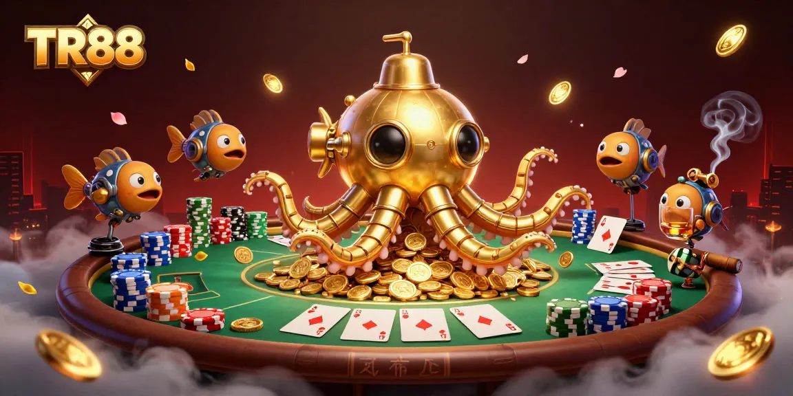 Experience the excitement of TR88's casino games with vibrant visuals of poker chips and a golden kraken submarine.