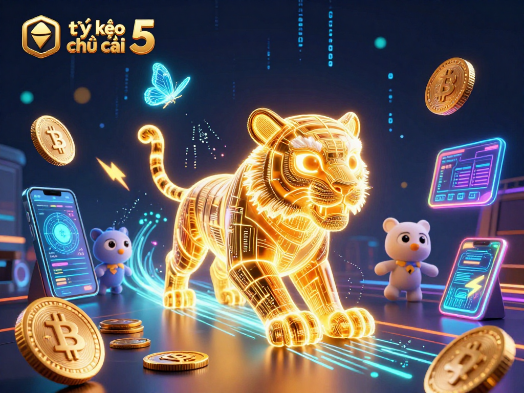 Experience thrilling action with tỷ lệ kèo nhà cái 5 in this dynamic digital casino scene, showcasing a vibrant golden tiger.