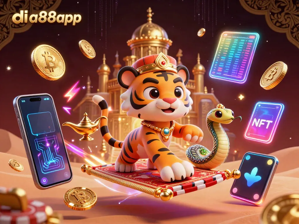 Experience thrilling entertainment at da88app with vibrant casino-themed 3D art featuring a tiger sultan and blockchain elements.
