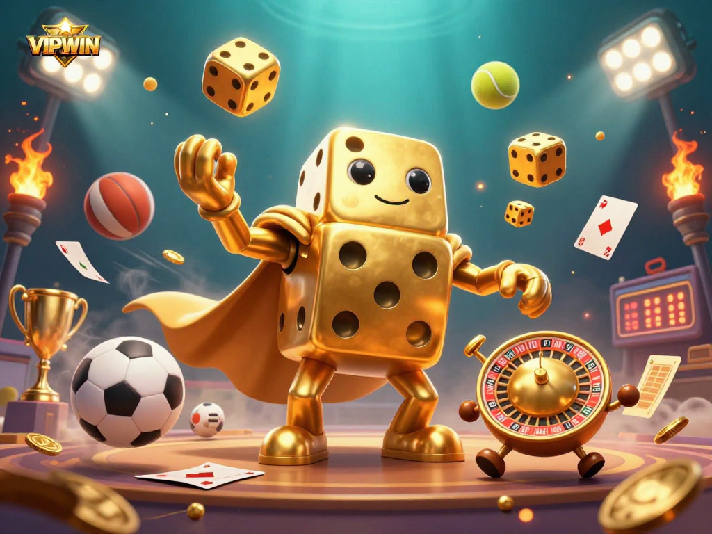 Experience the dynamic world of VIPWIN through this colorful 3D illustration featuring a golden dice golem and vibrant casino elements.