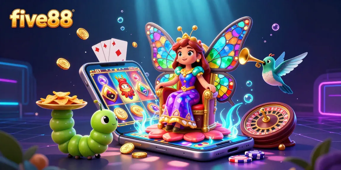 Experience the excitement of five88 with a vibrant 3D scene of a butterfly queen and gaming elements.