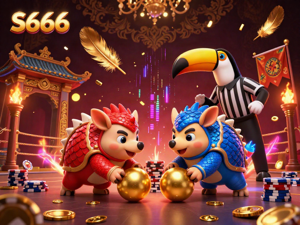 Experience thrilling gameplay at S666 with a vibrant action scene featuring rival pangolins and gaming elements.