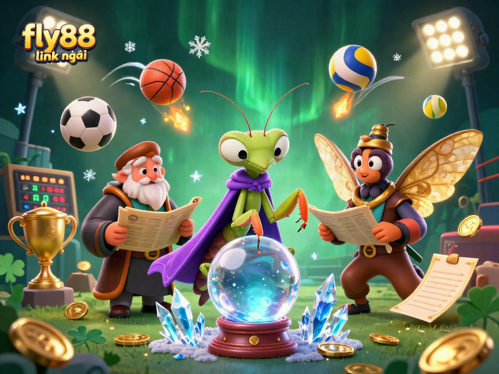 Engage with fly88 link mới, showcasing a vibrant casino scene full of sports elements and unique characters.