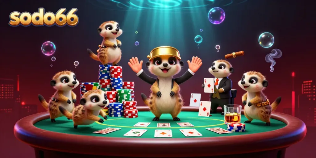 Sodo66 meerkats playfully managing an animated casino scene filled with poker excitement.