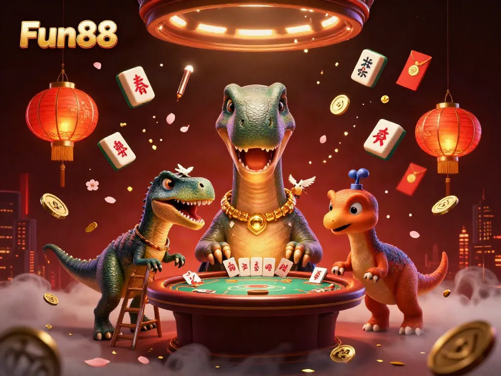 Engage with Fun88's vibrant 3D casino scene featuring a brontosaurus and raptor dealer.