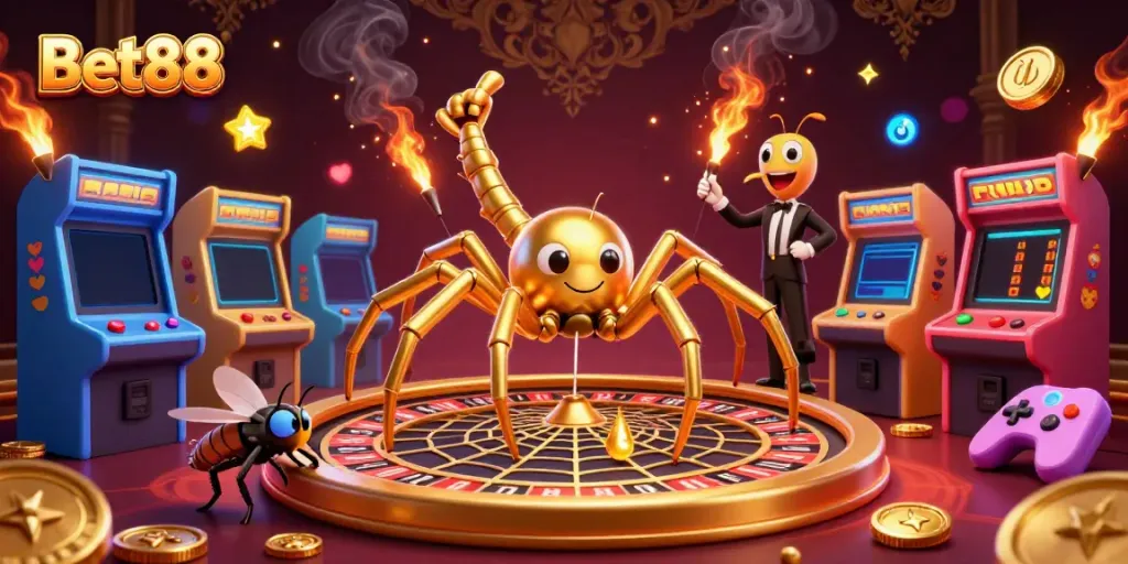 Experience the thrill of Bet88 with a lively 3D casino scene featuring a roulette wheel and dynamic gaming elements.