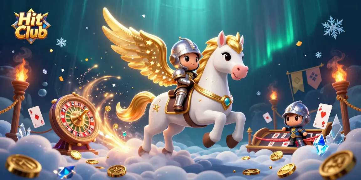 Hit Club illustration featuring a celestial horse and knight immersed in an immersive casino setting, animated and vibrant.