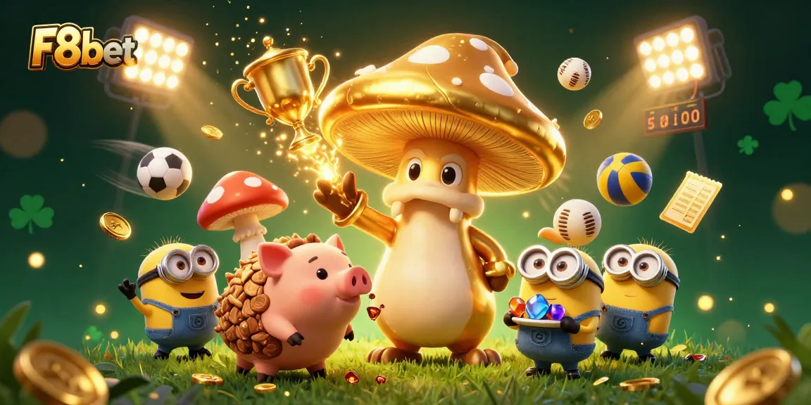 Engage in thrilling sports action with F8bet's 3D illustration featuring golden wizard and treasure elements.