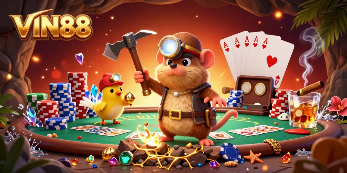 Experience the thrill of VIN88 with a treasure hunter mole, poker elements, and vibrant colors.