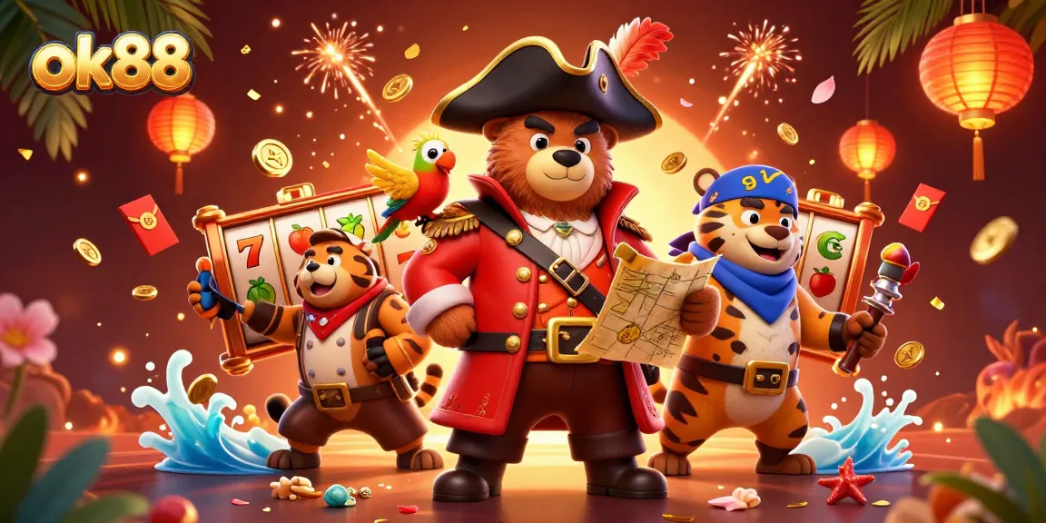 ok88 showcases thrilling 3D pirate adventure with cartoon characters amidst vibrant casino elements.