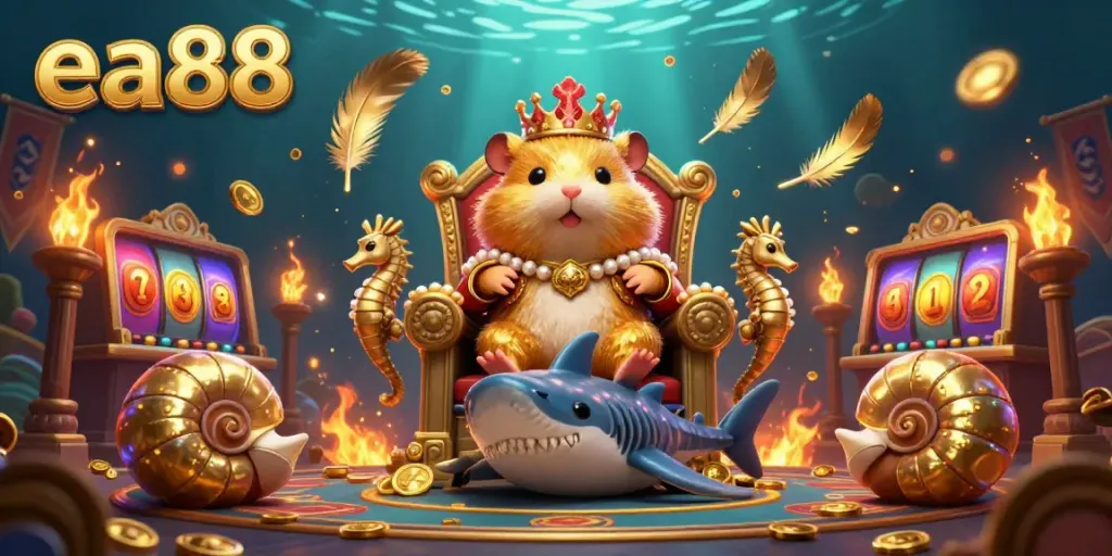 Spin the reels at ea88 with a fierce hamster king and vibrant casino elements in a dynamic underwater setting.