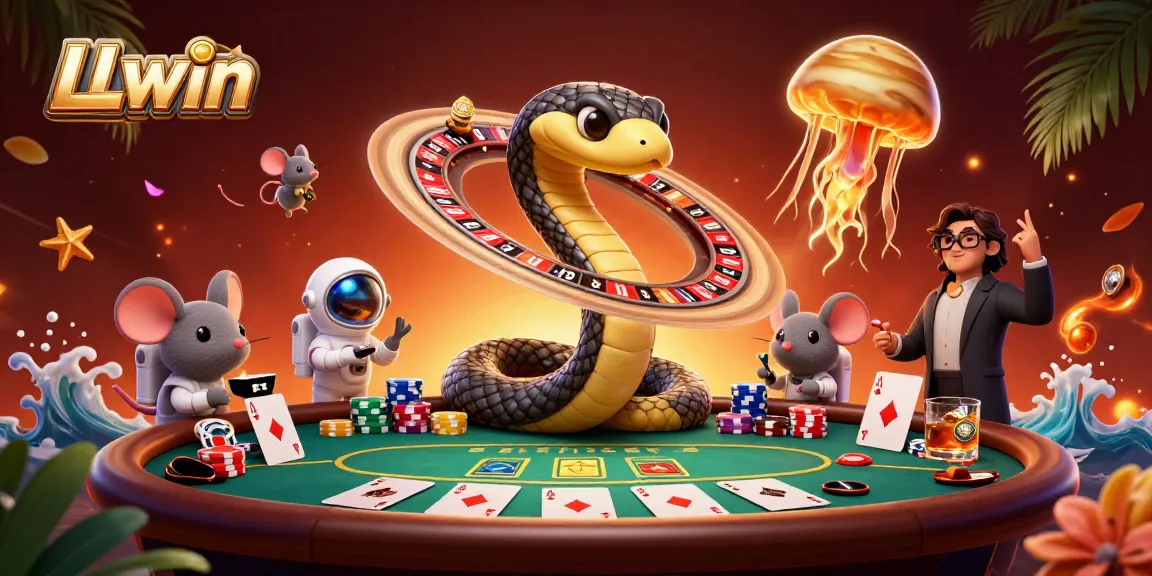 Experience the thrill of betting with LLwin in a cosmic casino scene featuring animated characters and rich gaming elements.