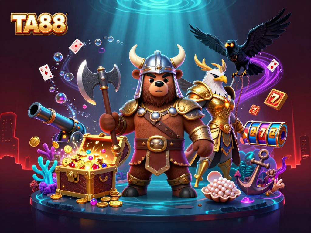 Engage in thrilling casino adventures with TA88 amidst a vibrant 3D Viking and gambling scene.