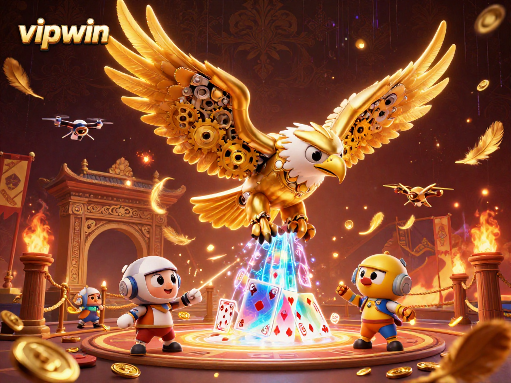 Experience thrilling action at vipwin with a dynamic cybernetic eagle amidst glowing casino elements.