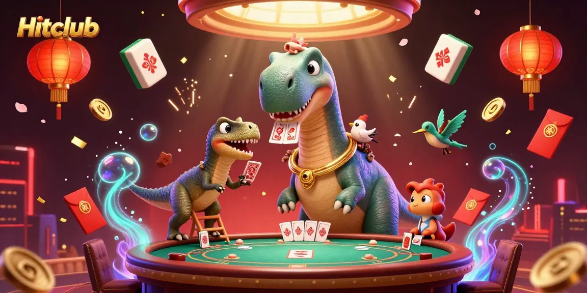 Experience immersive gaming at Hitclub with a vibrant 3D casino scene featuring dynamic cartoon dinosaurs and lively game elements.
