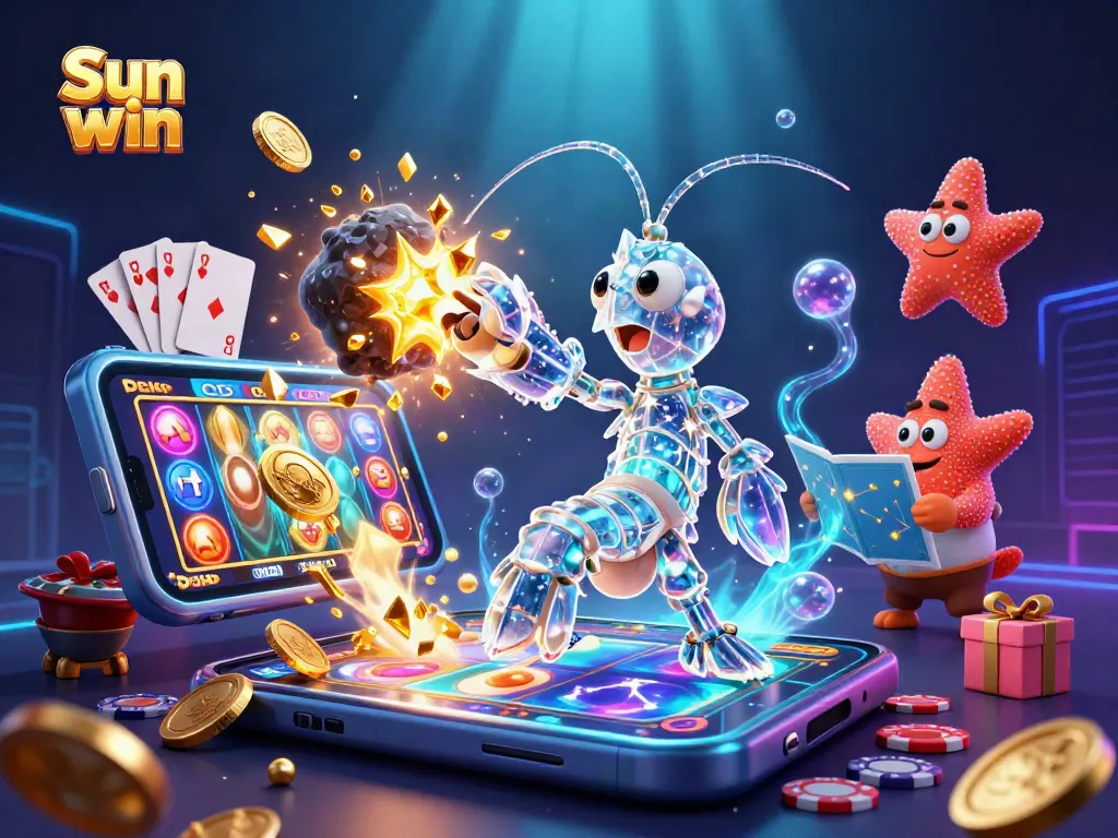 Sun win gaming adventure with vibrant 3D characters exploding with coins and slot reels.