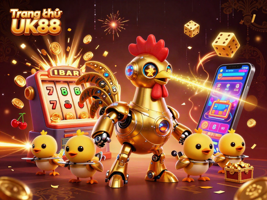 Engage with Trang chủ UK88’s vibrant casino experience featuring a golden rooster robot and slot machine explosion.