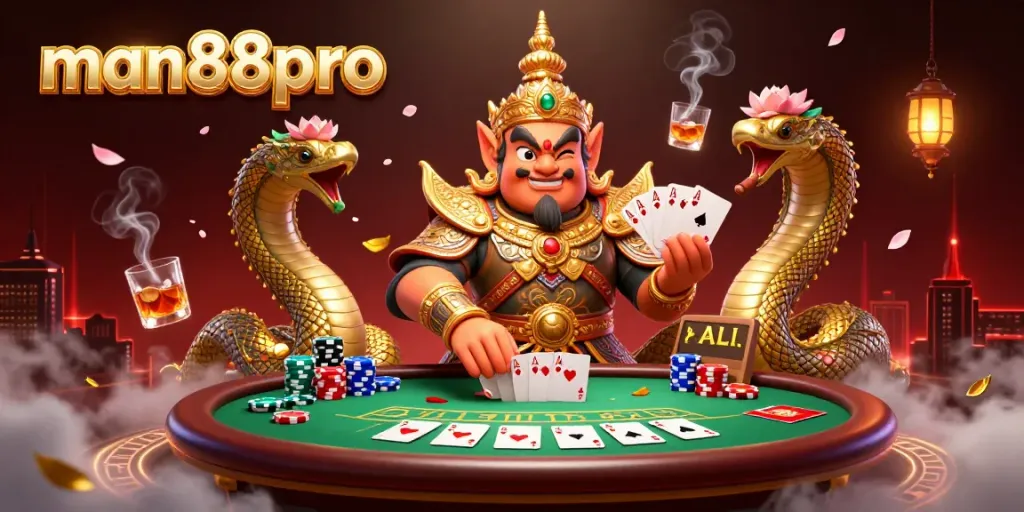 Experience the thrill of man88pro with a vibrant casino scene featuring golden guardians and poker elements.