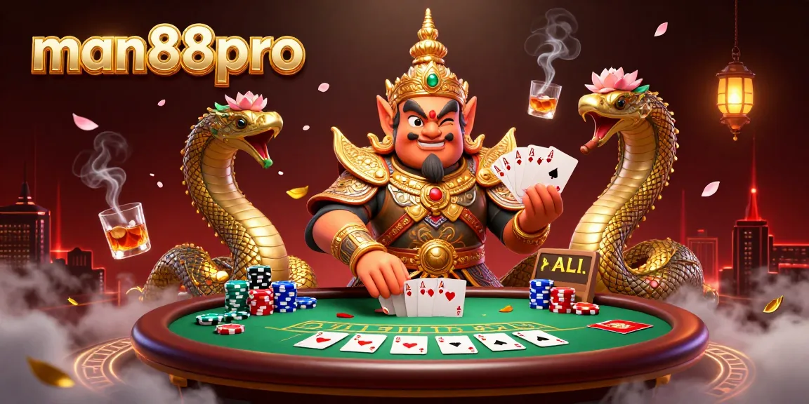 Experience the thrill of man88pro with a vibrant casino scene featuring golden guardians and poker elements.