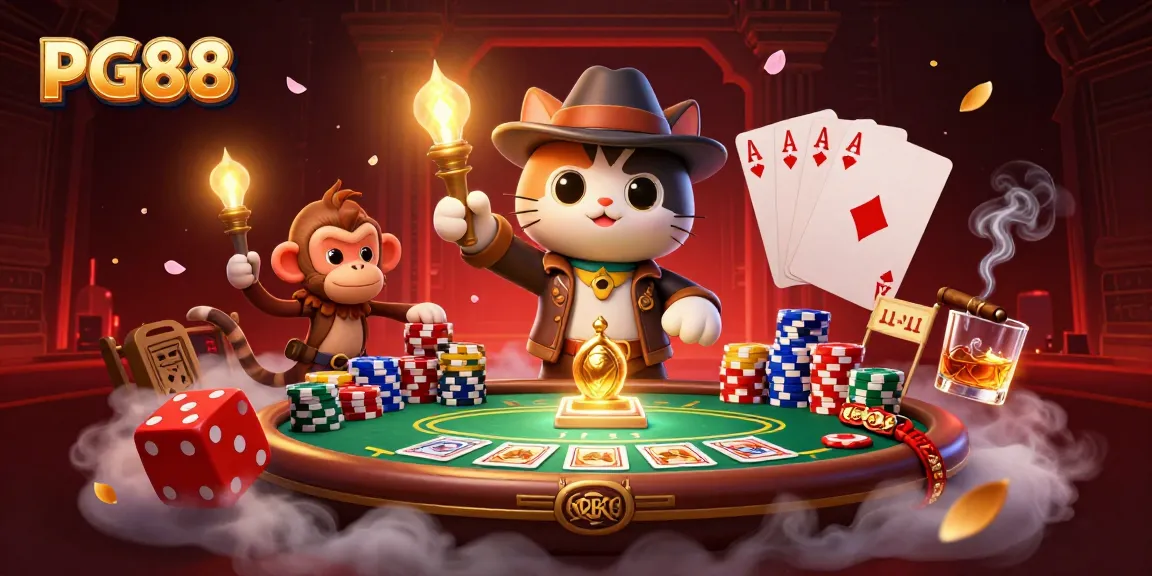 PG88 gambling scene featuring an explorer cat and monkey companion among poker elements and rich colors.