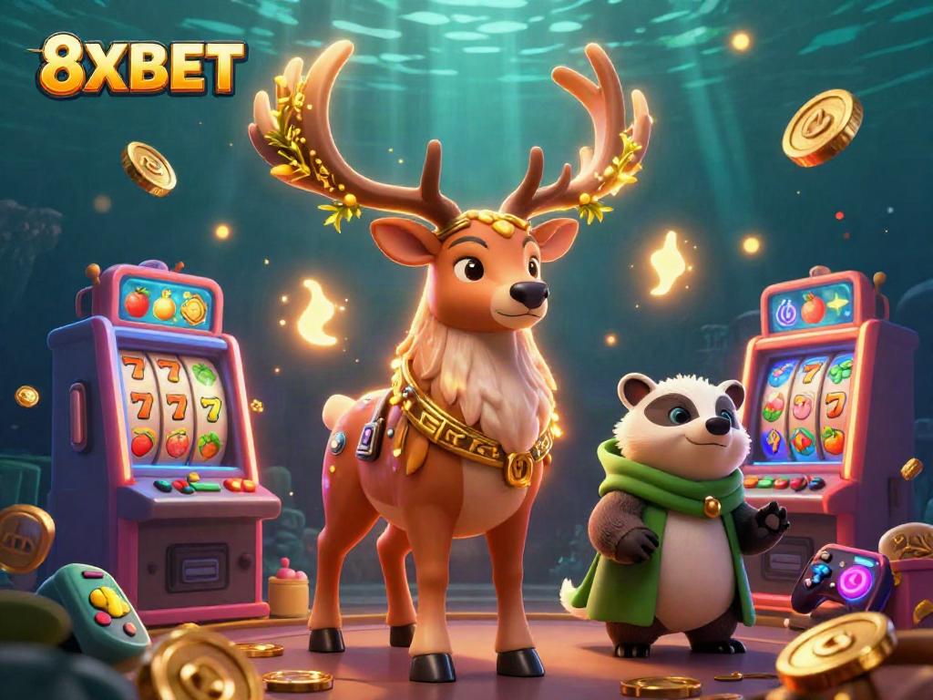Experience exciting gameplay at 8XBET with our unique character scene full of slot machines and winning symbols.