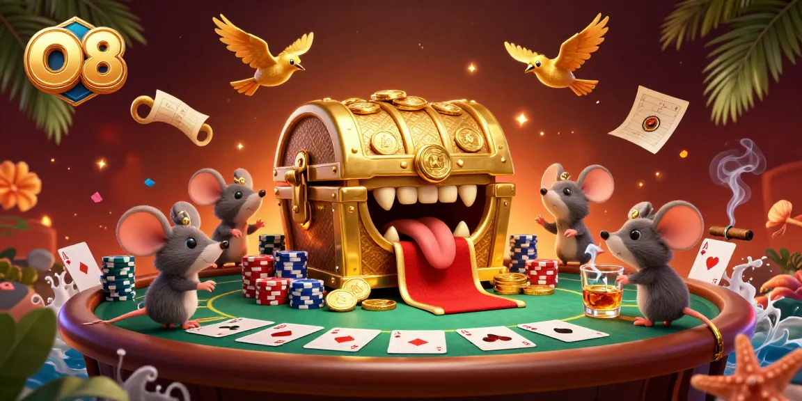 Engage with O8's vibrant casino atmosphere featuring adventure mice and a treasure chest.