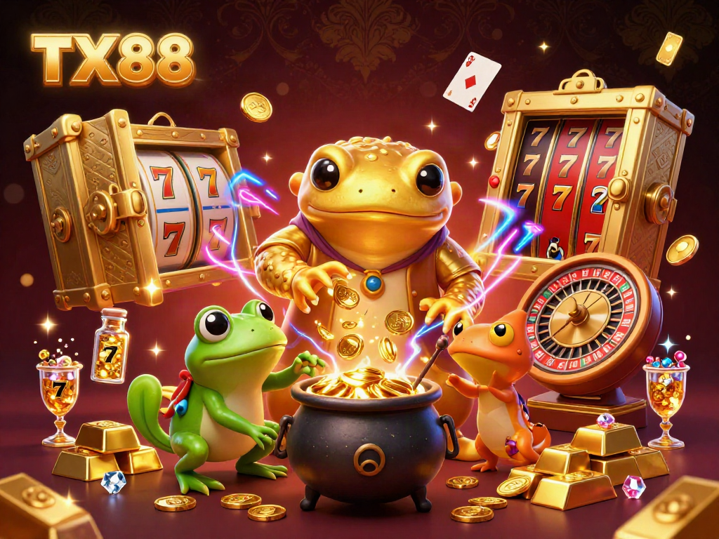 Experience the vibrant world of TX88 online casino with golden coins, slot reels, and lively characters.