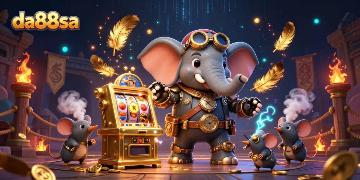Spin the golden slot machine with da88sa's steampunk elephant engineer among dazzling coins and vibrant casino elements.