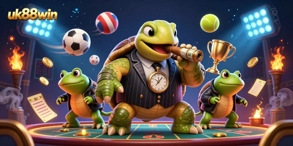 Engage in thrilling action at uk88win with cartoon casino character scene featuring vibrant sports elements.