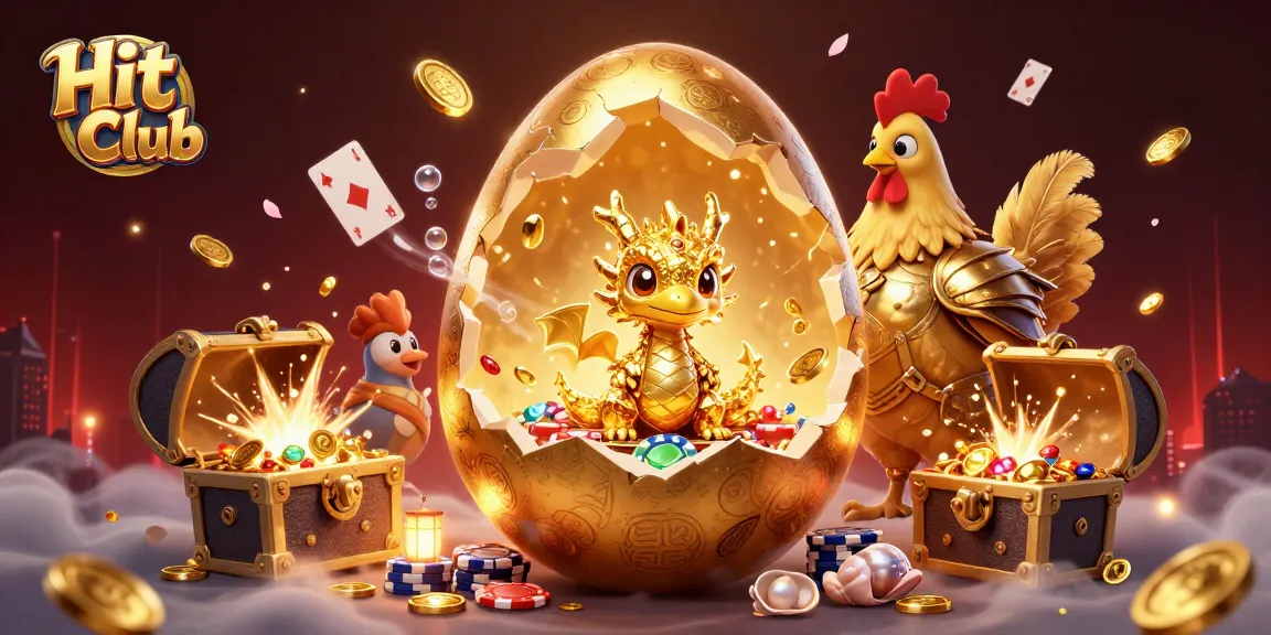 Hit Club features a baby dragon and golden hen with poker chips amidst casino glamour and treasures.