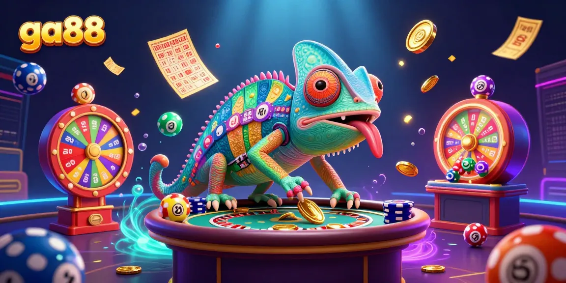 Capture the excitement at ga88 with a colorful casino scene featuring dynamic elements and a chameleon owner.