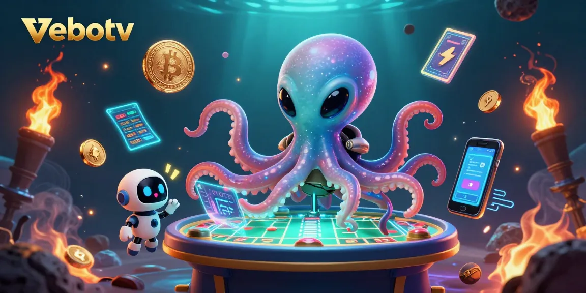 Bet on vebotv as a cartoon octopus operates a sports betting table with vibrant neon elements.