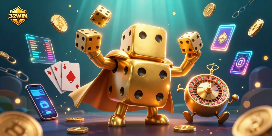 Experience thrilling gameplay at 32WIN with golden dice and vibrant crypto elements.