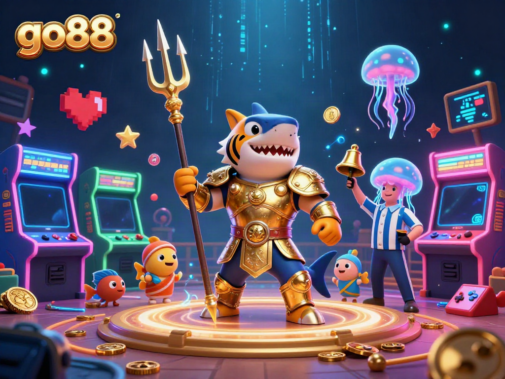 Join the adventurous fun at go88 with a vibrant underwater casino scene featuring a golden shark gladiator and interactive gaming elements.