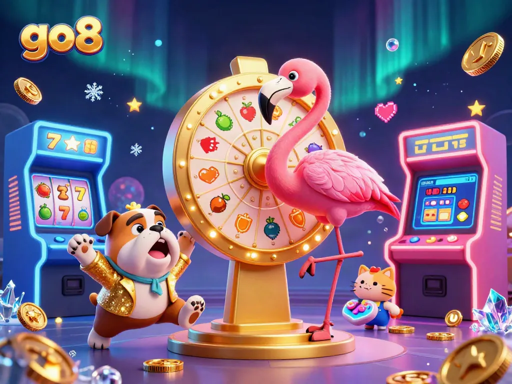 Engage with go8 in a vibrant casino scene featuring a game show host, excited contestant, and prizes.