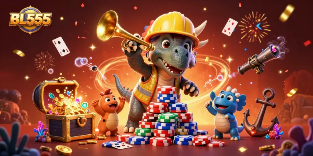 Join the fun at BL555 as characters celebrate with poker chips and treasures in magical casino scene.