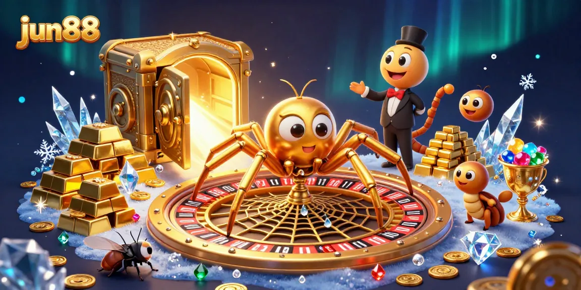 Bet on jun88 with a golden spider spinning a roulette web, surrounded by treasures and vibrant casino elements.