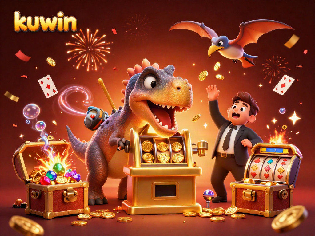 Kuwin casino image featuring a pachycephalosaurus hitting a golden slot machine for jackpot coins, with flying coins and a colorful celebration.