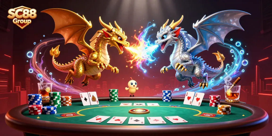 Engage with the SC88 Group's thrilling poker world featuring dynamic dragon elements.