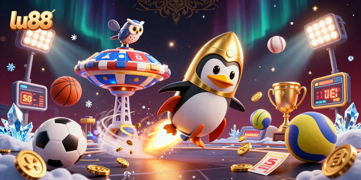 Experience the thrilling atmosphere of lu88's online gaming with a dynamic 3D illustration featuring a golden penguin and casino elements.