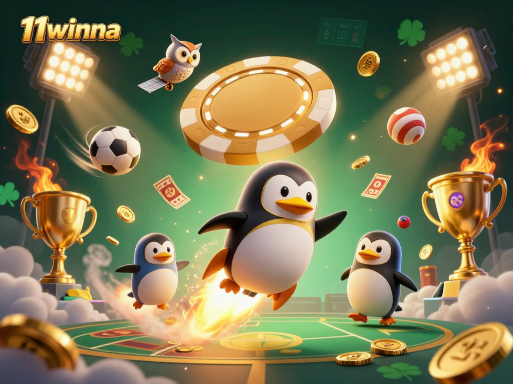 11winna's golden penguin symbolizes thrilling wins in an animated casino adventure.