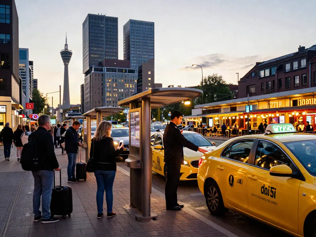Taxi Rotterdam bij een drukke taxistandplaats in Rotterdam met skyline op de achtergrond.
