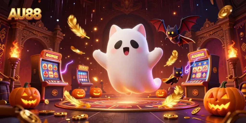 Experience the thrill of AU88 with a ghost cat and vampire bat in a haunted casino.