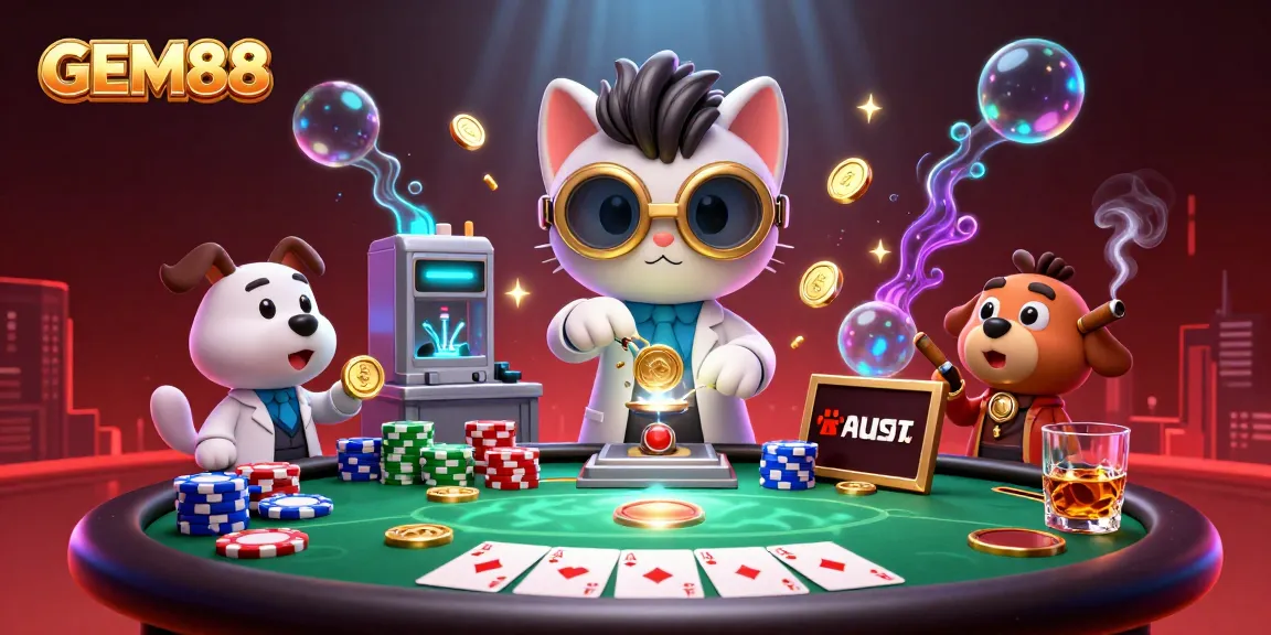GEM88 showcases an exciting poker scene with a mad scientist cat and a dog assistant, creating dynamic gameplay.