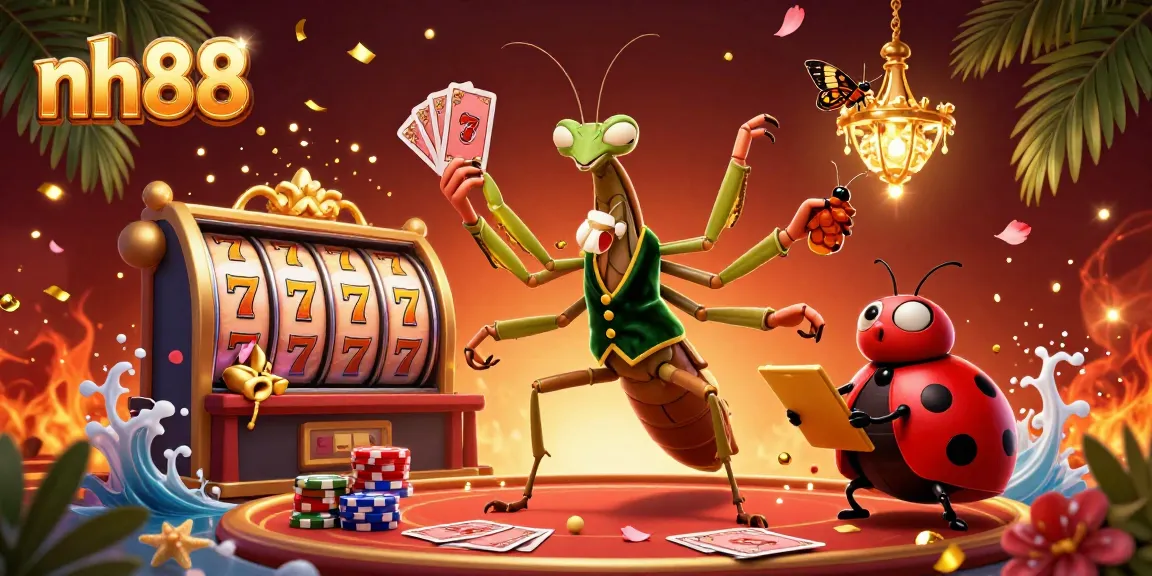 Experience the vibrant scene of nh88’s slot games with a praying mantis dealer and lucky motifs.