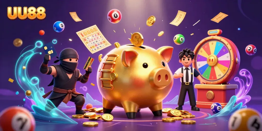 UU88's colorful casino scene featuring a golden piggy bank sumo wrestler amidst dynamic gambling elements.