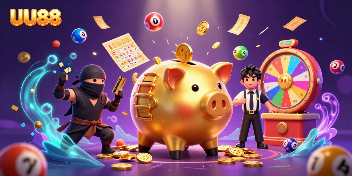 UU88's colorful casino scene featuring a golden piggy bank sumo wrestler amidst dynamic gambling elements.