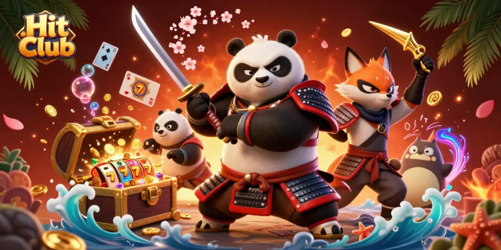 Engage with Hit Club as a 3D cartoon samurai panda draws a katana in a vibrant casino scene.