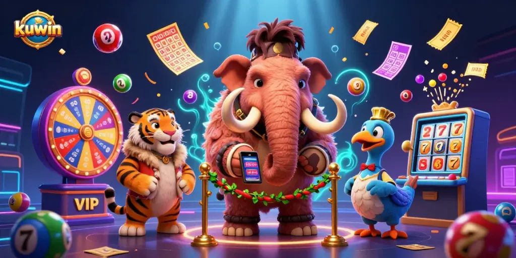 Kuwin brings excitement with a woolly mammoth checking IDs while vibrant lottery balls bounce around a colorful casino.